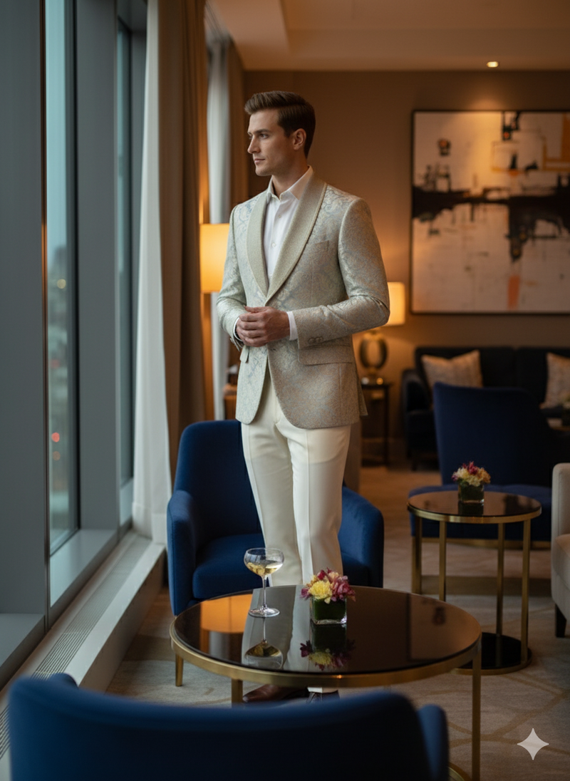 Luxury light tan blazer. Champagne, silver, and cream floral embroidery. Contrasting shawl collar. Perfect for formal events.
