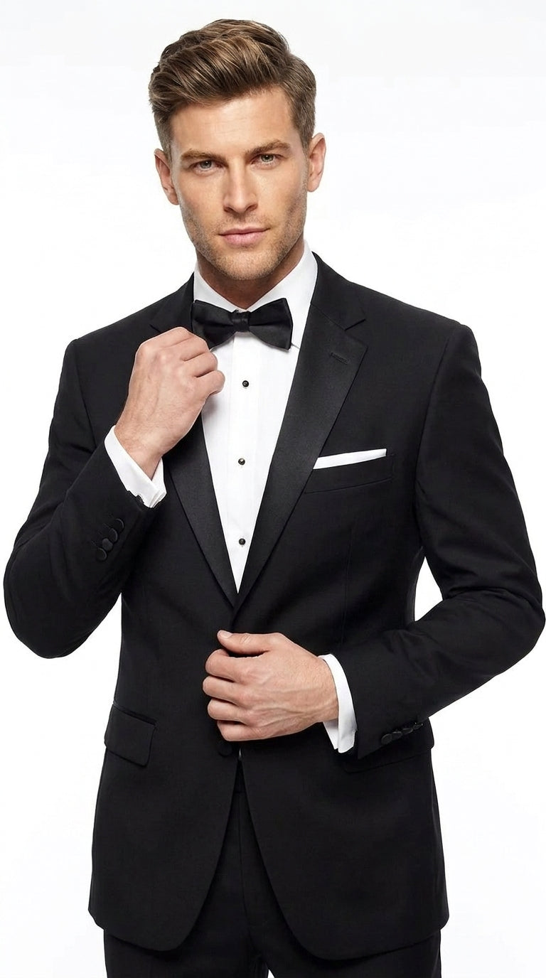 Men’s Black Uniform Tuxedo – One-Button Satin Lapel Formal Suit for Weddings, Prom and Events