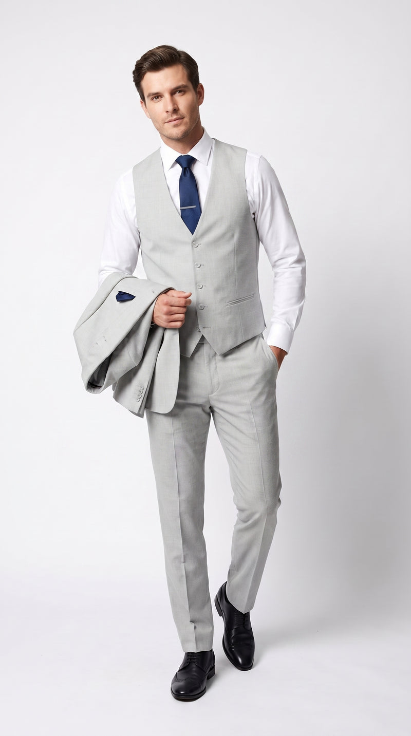 Men’s Silver & Navy Blue 3-Piece Suit – Wedding, Business and Formal Suit with Free Matching Tie