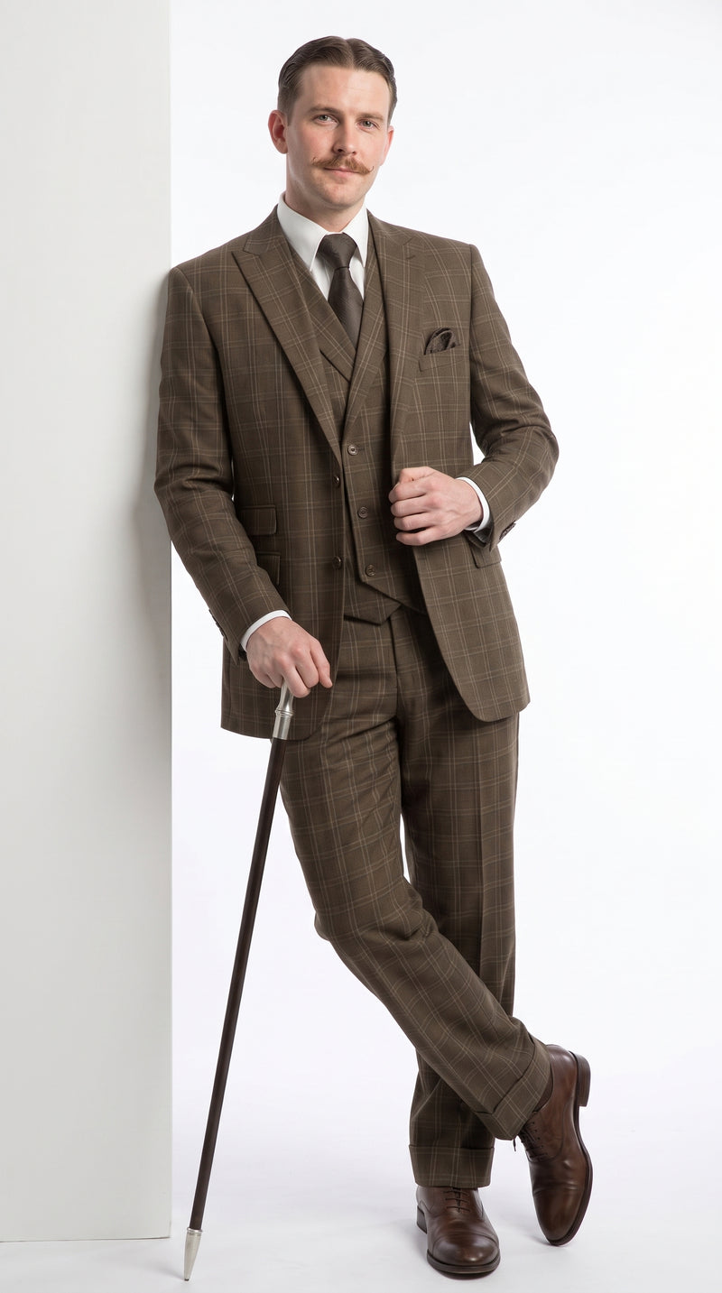 Men’s Edwardian Brown Plaid 3-Piece Suit – Vintage Double-Breasted Vest Wedding and Formal Suit