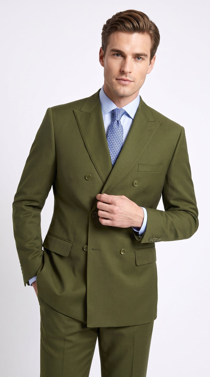 Men’s Olive Green Double-Breasted Suit – Classic Peak Lapel Wedding, Business Hunter Color