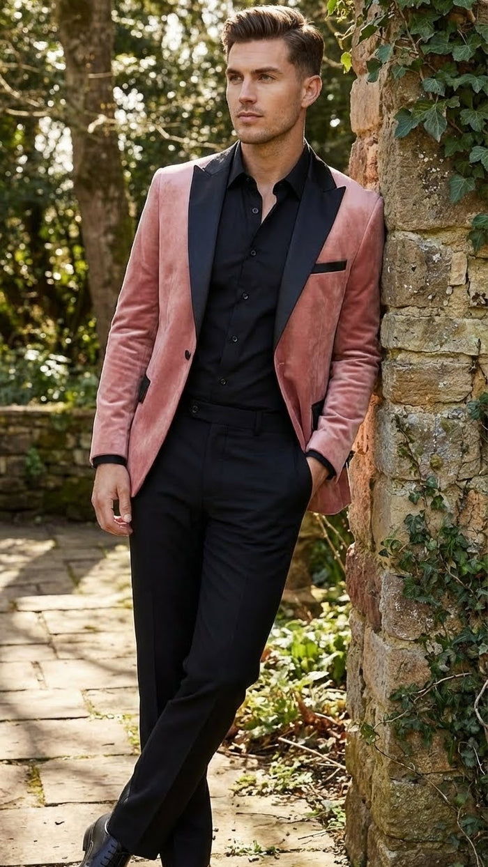 Men's dusty rose velvet blazer with black satin lapel. Single-button closure, left pocket, and fitted silhouette. Soft, textured fabric.
