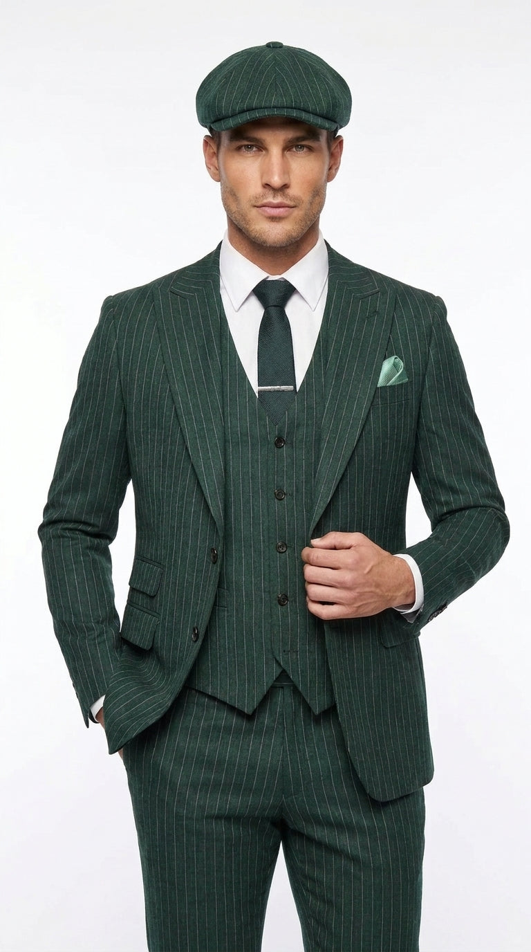 Men’s Hunter Green Pinstripe 3-Piece Suit – Vintage Wedding, Prom and Formal Suit with Matching Vest