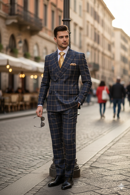 Men's double-breasted suit in camel bronze and khaki with a checked pattern and dark blue accents. Structured fit with matching tailored trousers.
