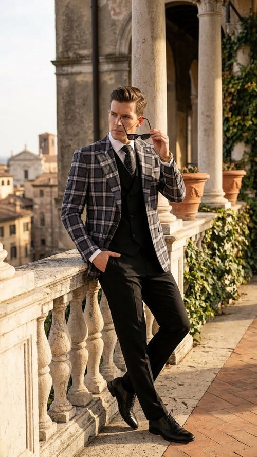 Alberto Nardoni men's big & tall charcoal/black plaid blazer. Structured, tailored fit with notched lapels. Single-breasted front, front & breast pockets. Long sleeves, buttoned cuffs. Classic silhouette.
