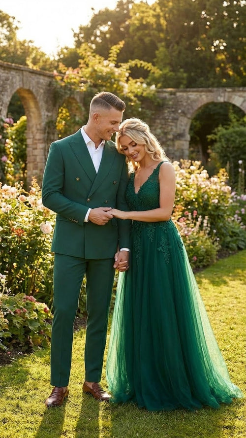 Emerald green double-breasted suit shown features structured shoulders, a fitted silhouette, and two rows of buttons. The material appears smooth and tailored, with a slight sheen.