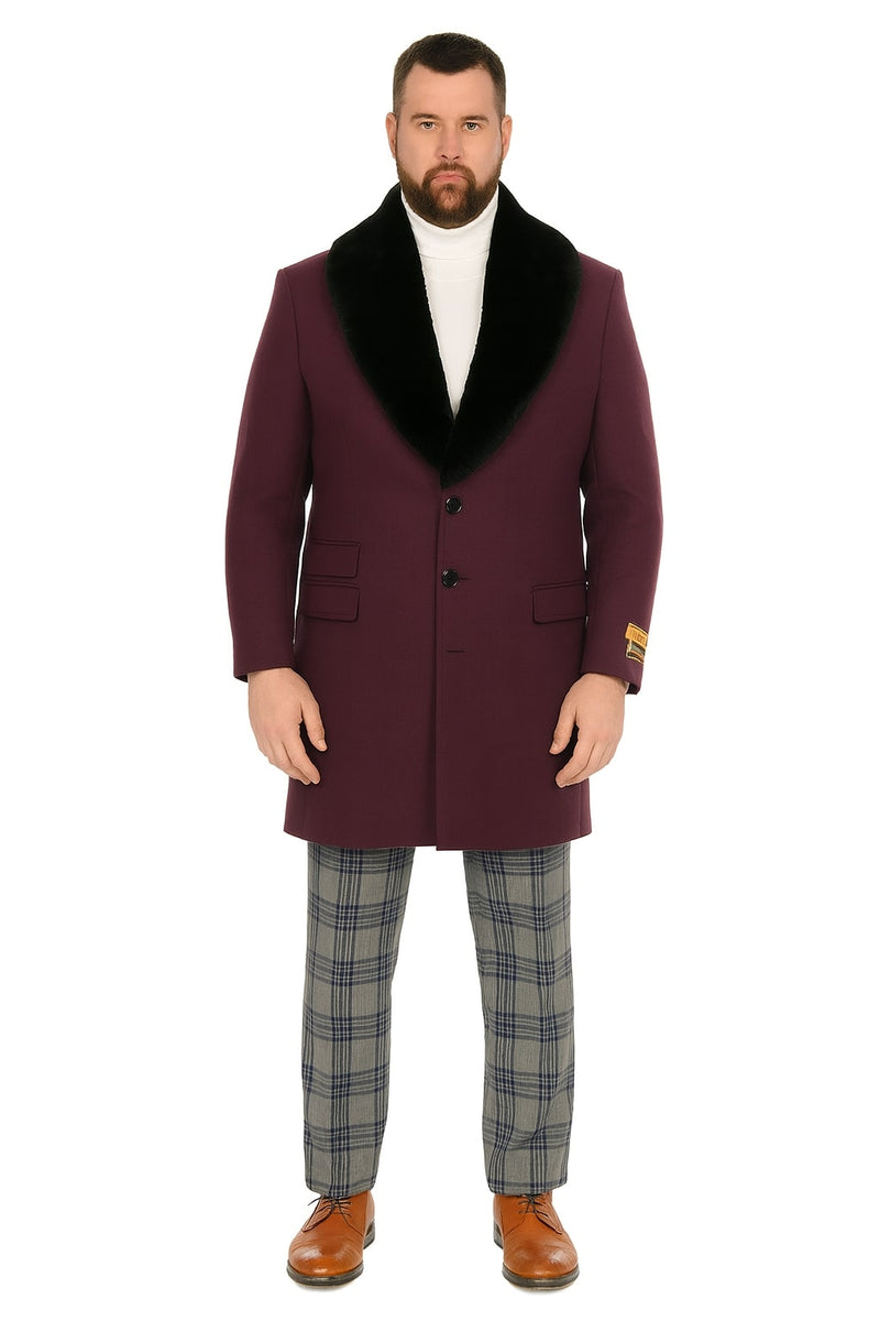 Men's purple wool overcoat with black faux fur collar. Tailored fit, single-breasted, two pockets, structured shoulders. Deep purple, contrasting glossy black collar. Mid-thigh length, paired with grey plaid trousers.
