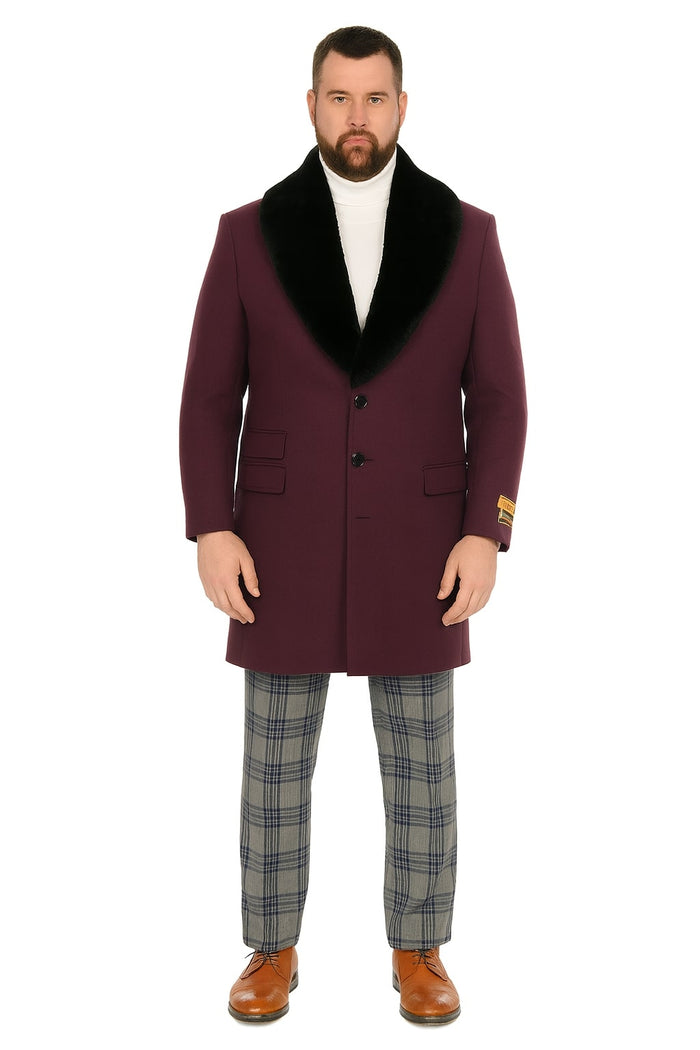 Men's purple wool overcoat with black faux fur collar. Tailored fit, single-breasted, two pockets, structured shoulders. Deep purple, contrasting glossy black collar. Mid-thigh length, paired with grey plaid trousers.
