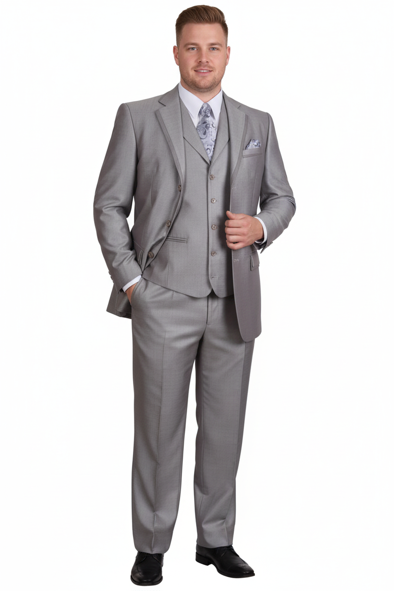 Men's light gray modern fit three-piece suit. Tailored jacket with notch lapels, matching vest, and flat-front trousers. Smooth, subtly textured fabric. Includes white shirt and patterned tie.

