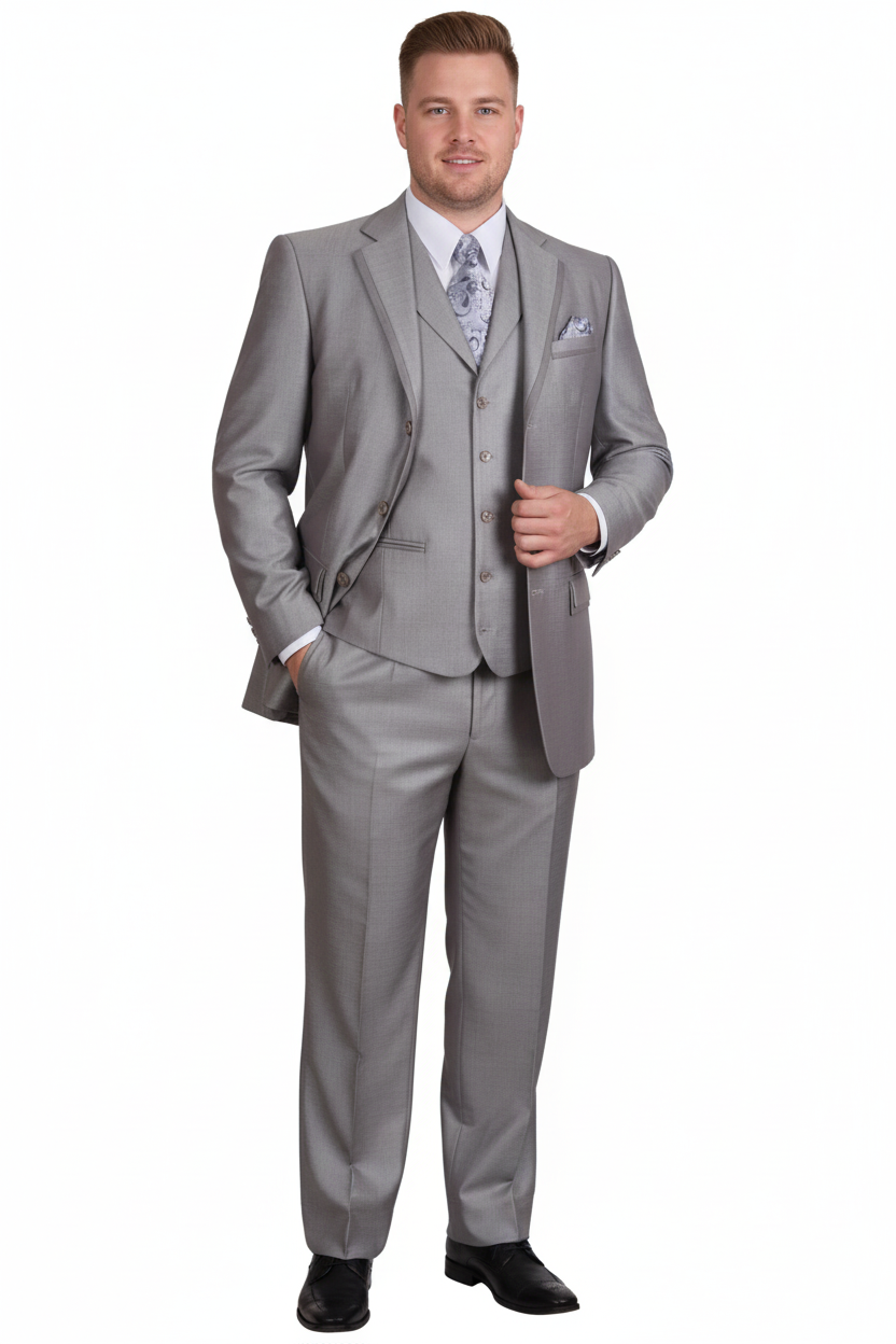 Men’s Light Gray 3-Piece Modern Fit Suit with Vest – Classic Formal Business and Wedding Attire