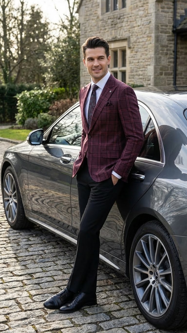 Alberto Nardoni men's burgundy check blazer. Tailored fit, structured shoulders, single-breasted. Classic plaid pattern, two flap pockets. Soft textured fabric, contrasting lining at cuffs.
