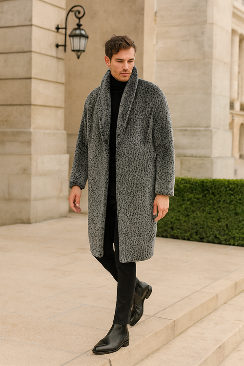 Men's luxury long grey faux fur coat with animal print, shawl collar, relaxed fit, front pockets, and soft texture.
