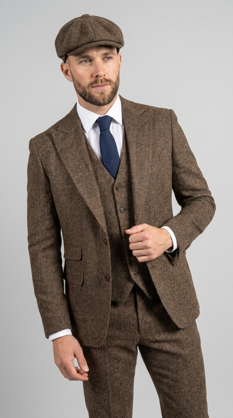 Peaky Blinder Men’s Brown Tweed 3-Piece Suit – Vintage Wedding, Business and Formal Suit with Matching Vest and Pants