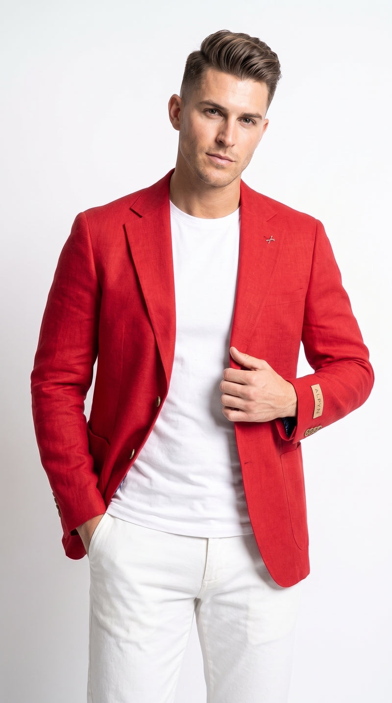 Men’s Red Linen Blazer – Two-Button Wedding, Business and Smart Casual Sport Coat