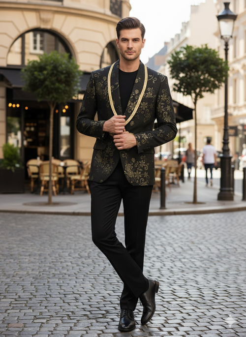 Men's black blazer with gold floral embroidery and shawl collar. Fitted shape. Paired with black trousers for a formal, complete look.
