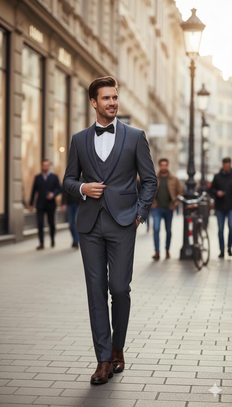 Charcoal gray slim fit 3-piece suit with blue trim. Double-breasted jacket (shawl collar), vest, tailored trousers. Smooth fabric, subtle pattern. Includes white shirt and black bow tie.