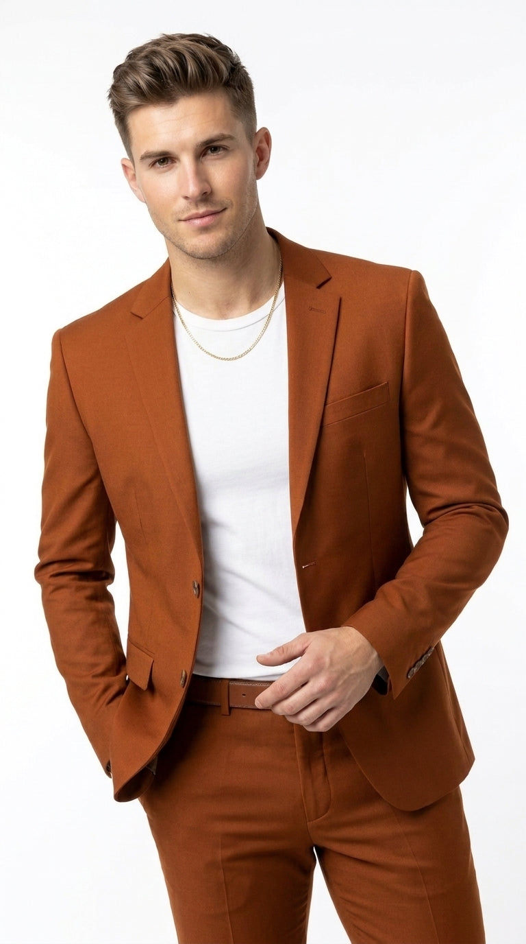 Men’s Burnt Orange Modern Fit Suit – Slim Fit Wedding, Prom and Formal 2-Piece Suit Copper Brick Color