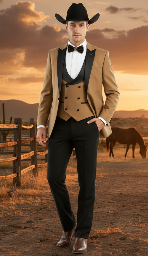 Men's Western tuxedo: tan suit jacket (satin black lapel), mocha vest, black trousers. Single-button jacket, double-breasted vest. Color scheme: tan, black, mocha coffee. Structured silhouette.
