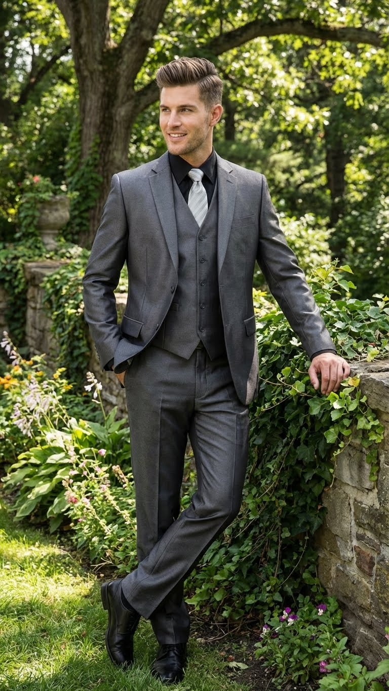 Men's charcoal gray suit with sheen. Fitted jacket with notched lapels, gray vest, and matching trousers. Smooth, reflective fabric for a sleek appearance.
