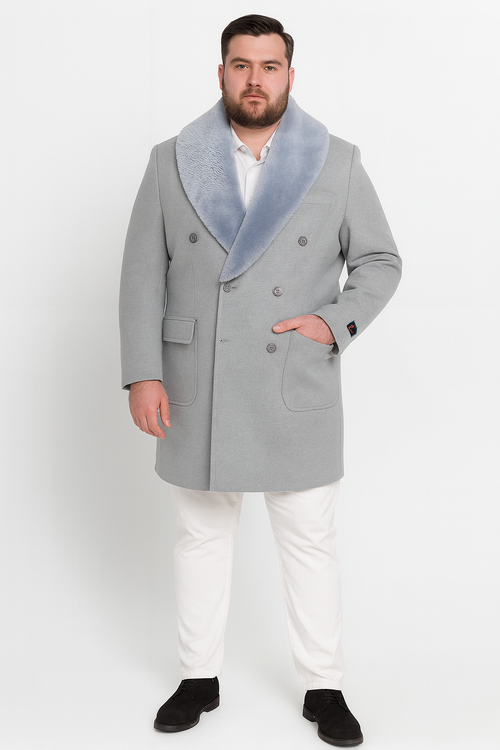 Men’s Light Grey Double Breasted Overcoat with Faux Fur Shawl Collar – Winter Luxury Coat Wool Fabric