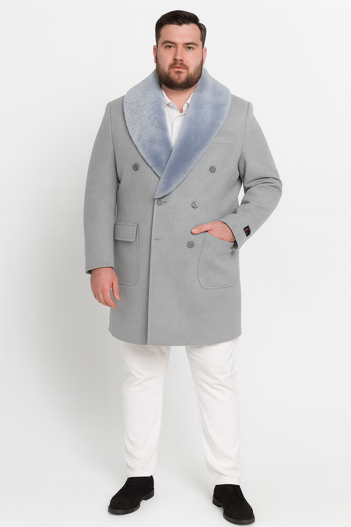 Men's light grey double-breasted wool overcoat with faux fur shawl collar. Features two front pockets. A classic and warm winter essential.
