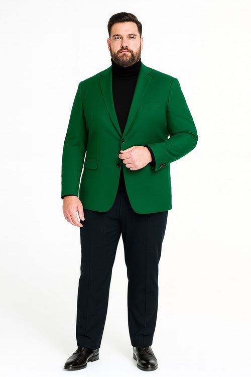Alberto Nardoni men's green blazer. Structured design, single-breasted, notch lapels, smooth fabric. Features two side pockets, chest pocket, and tailored fit. Paired with a black turtleneck for a modern, sleek look. Formal/semi-formal.
