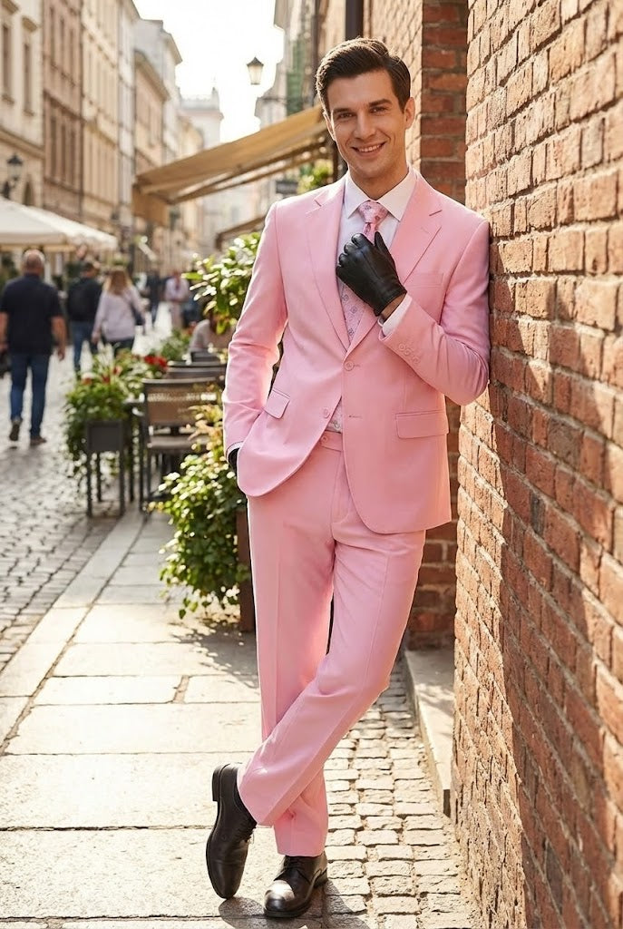 Men's pink two-piece suit with a classic fit. Features a single-breasted jacket with notch lapels and tailored, straight-fit pants. Made from smooth, lightweight, and pattern-free material. Well-fitted for a structured silhouette.

