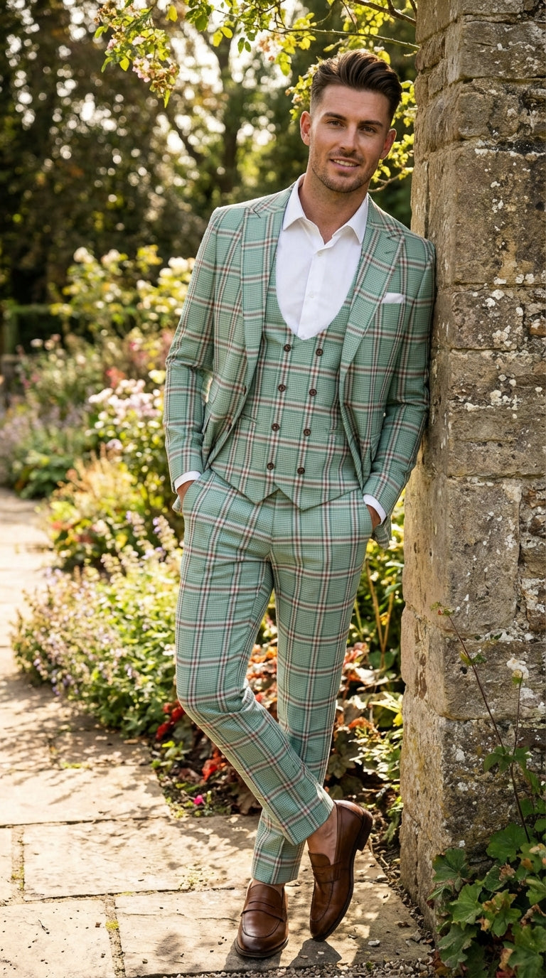 Mint Green Plaid Three Piece Suit for Men | Classic Checkered