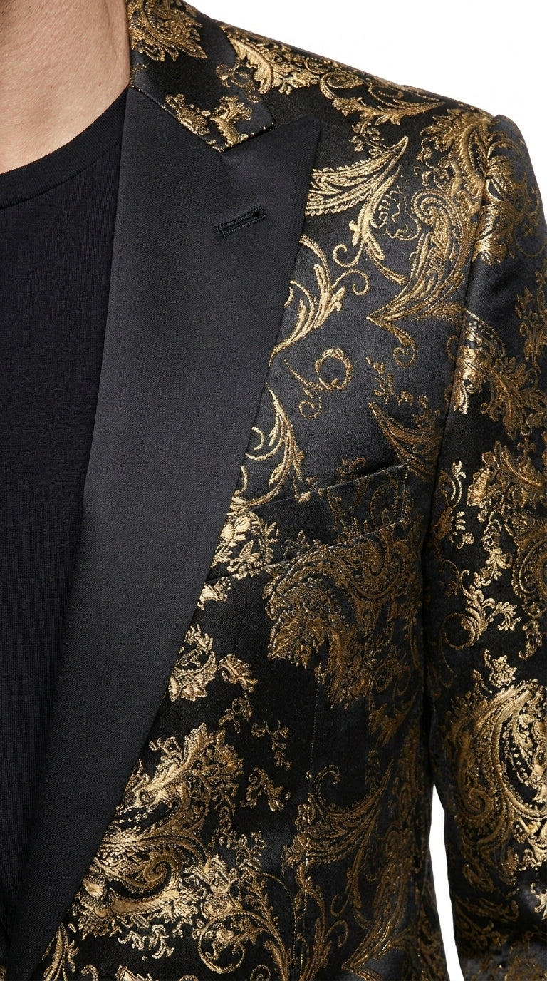 Men’s Black & Gold Paisley Tuxedo Jacket – Luxury Floral Formal Dinner Blazer Black Pants