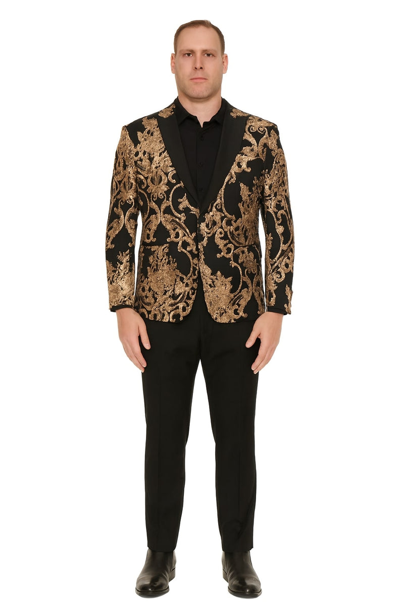 Men's black blazer suit with rose gold floral embroidery. Structured blazer with defined lapels and long sleeves, paired with tailored black pants. Striking contrast.
