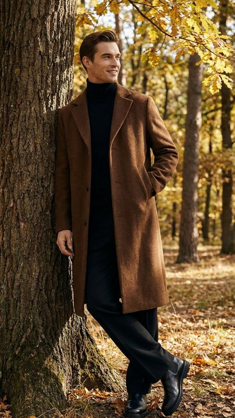 Mens Brown Long Wool Overcoat Topcoat Wool Carcoat Three Quarter