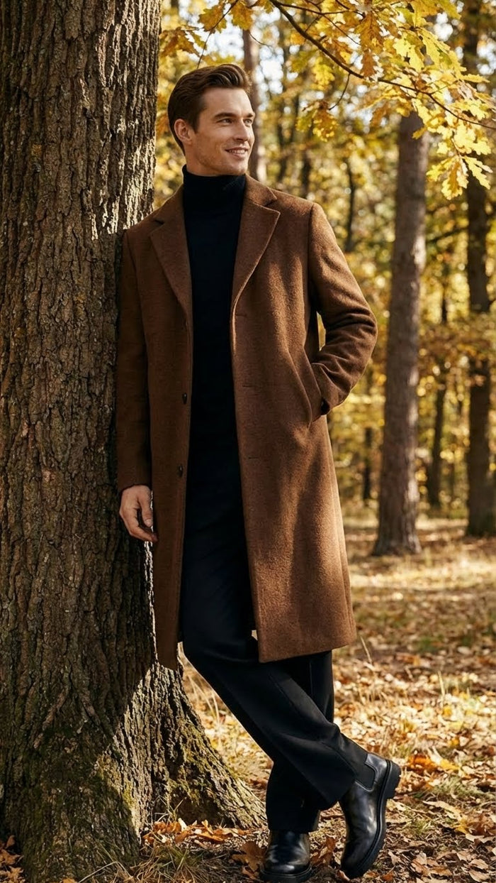 Alberto Nardoni men's brown wool overcoat. Classic, elongated silhouette with a lapel collar. Soft wool in a rich brown. Single-breasted with buttons, side pockets. Minimalist design for layering.
