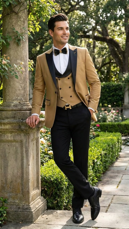 Men's Dark Camel Tan Khaki and Black Great Gatsby Tuxedo Suit â€“ Vintage 1920s Formal Wedding, Party and Event Wear