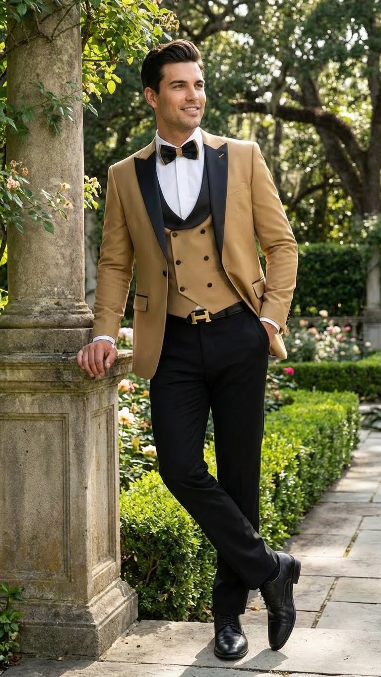 Men's Dark Camel Tan Khaki and Black Great Gatsby Tuxedo Suit â€“ Vintage 1920s Formal Wedding, Party and Event Wear