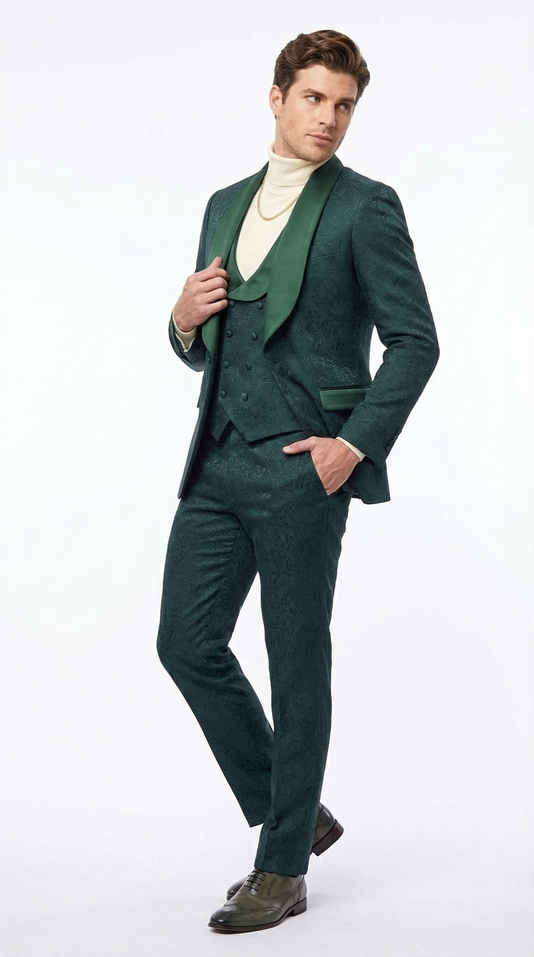 Mens Hunter Green Wedding Tuxedo Suit – Paisley Pattern Three Piece Formal Suit Set with Shawl Lapel for Groom, Prom in Emerald green