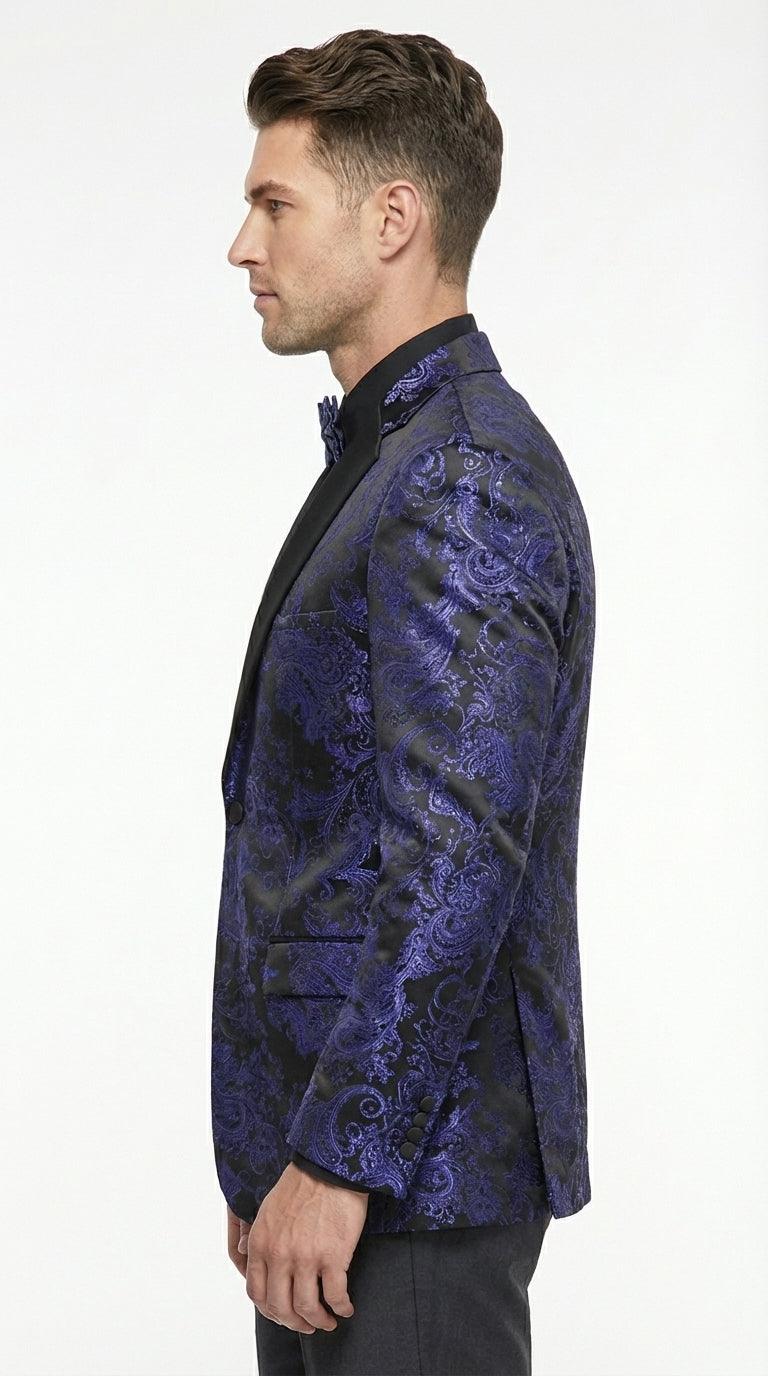 Mens Royal Blue Paisley Jacquard Blazer – Luxury Pattern Tuxedo Dinner Jacket with Black Satin Lapel for Wedding, Prom With Bowtie