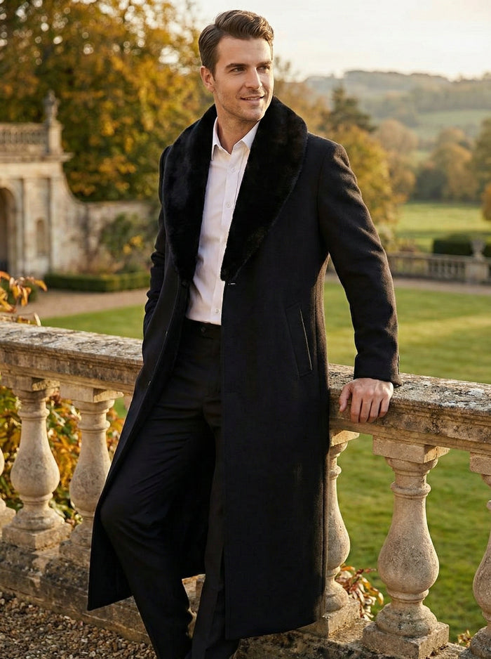 Mens Black Long Overcoat with Faux Fur Collar, Full Length Winter Topcoat for Formal and Business Wear