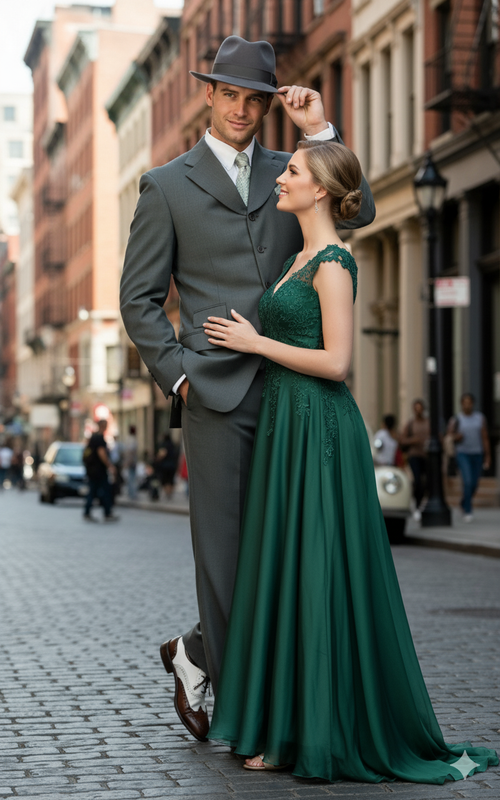 Alberto Nardoni men's 1920s gray zoot suit: double-breasted jacket, wide lapels, tapered trousers. Smooth, subtly sheened gray fabric. Vintage style with pockets and hat.