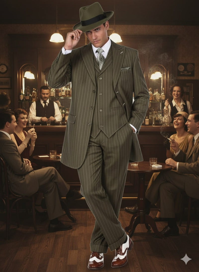 Men's olive green pinstripe zoot suit: three-piece (jacket, vest, trousers). Vintage style with wide lapels, fitted torso, and high-waisted, relaxed-fit trousers. Features vertical pinstripes. Includes matching accessories and contrasting brown & white shoes.
