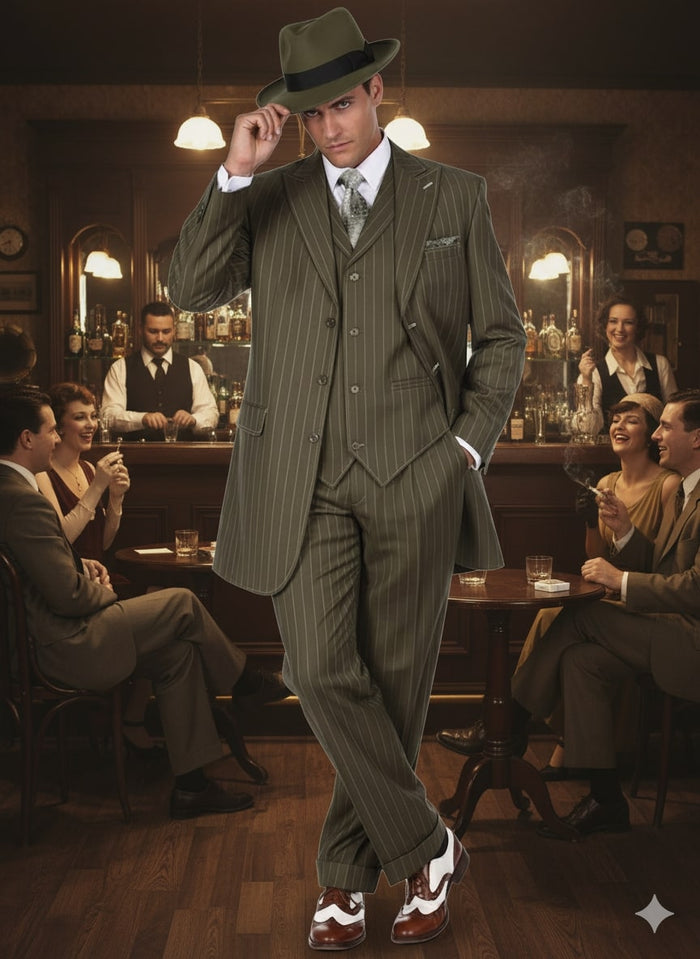 Men's olive green pinstripe zoot suit: three-piece (jacket, vest, trousers). Vintage style with wide lapels, fitted torso, and high-waisted, relaxed-fit trousers. Features vertical pinstripes. Includes matching accessories and contrasting brown & white shoes.
