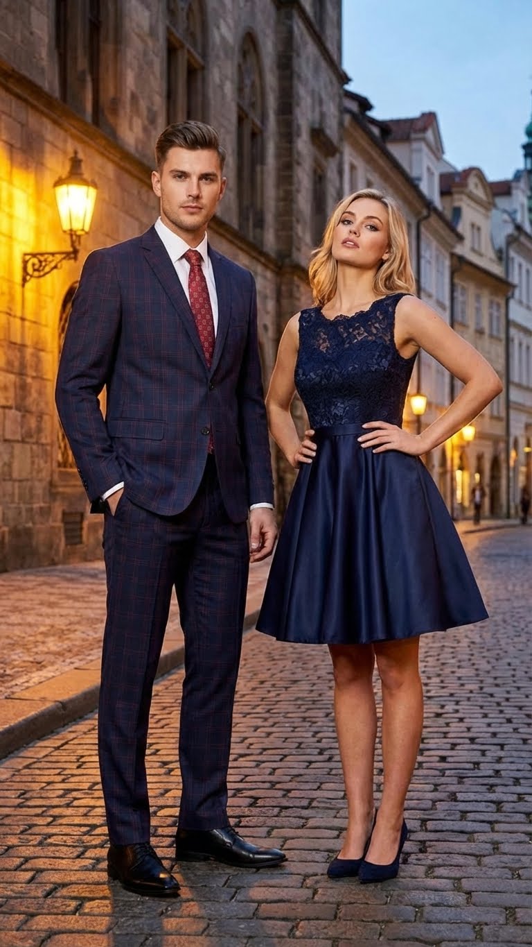 Navy & burgundy checkered men's suit with windowpane plaid. Fitted jacket, notched lapel, single-button closure. Flat-front trousers. Paired with white shirt and burgundy tie for a classic look.
