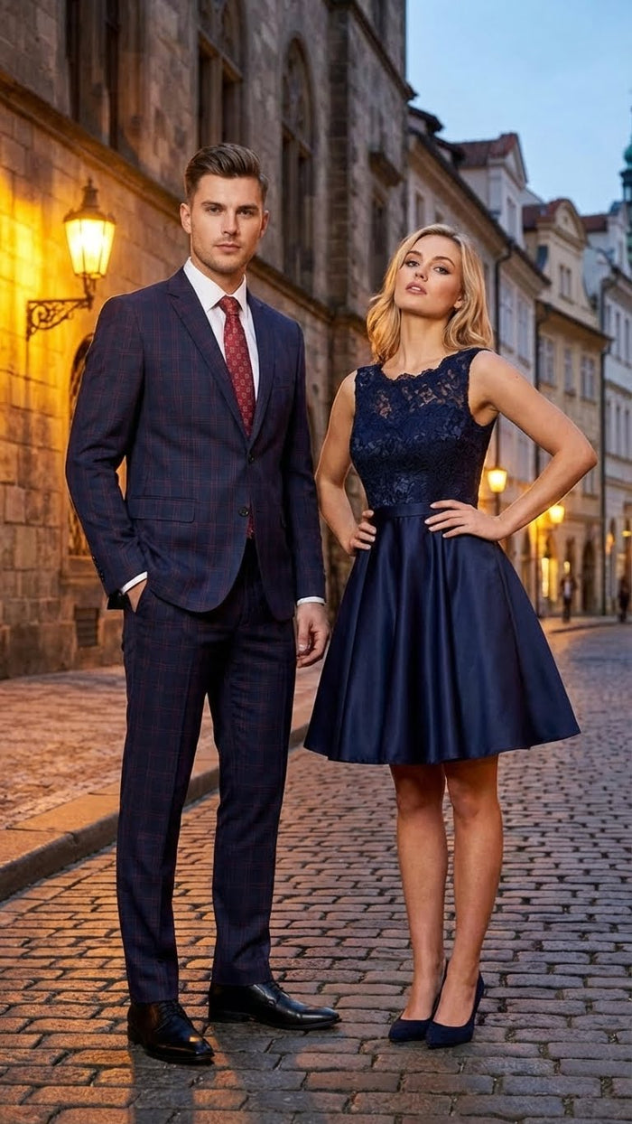 Navy & burgundy checkered men's suit with windowpane plaid. Fitted jacket, notched lapel, single-button closure. Flat-front trousers. Paired with white shirt and burgundy tie for a classic look.
