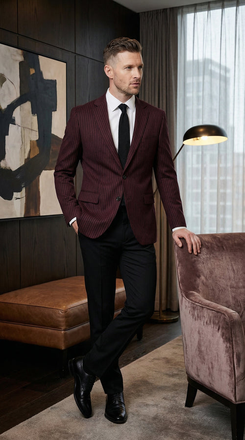 Men’s Burgundy Pinstripe Blazer – Classic Tailored Formal Jacket for Business, Office and Evening Wear