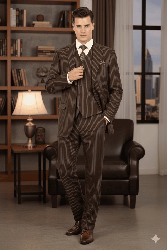 Men's brown pinstripe 3-piece suit: fitted jacket, waistcoat, and trousers. Dark brown with lighter stripes. Smooth, structured fabric. Classic notched lapel and tailored fit for a formal look.