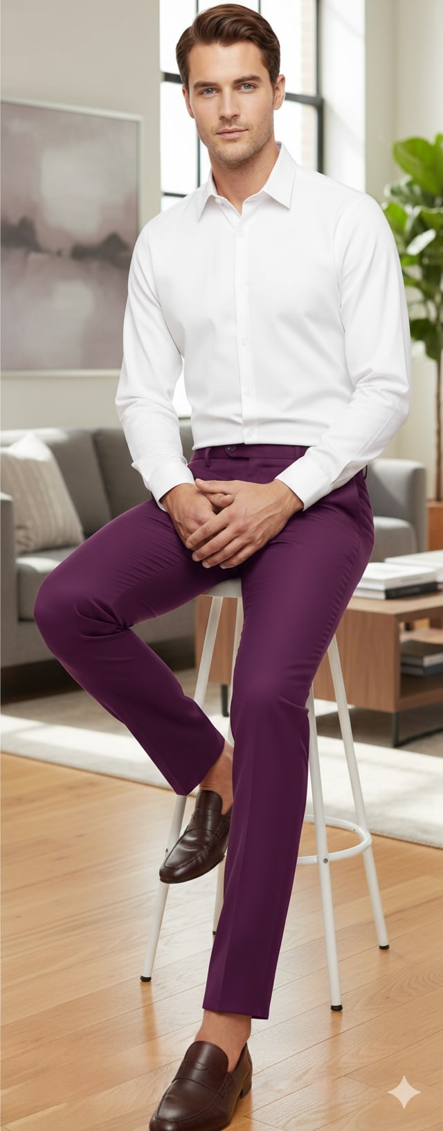 Light purple men's slim-fit dress pants. Tailored, smooth material with sheen. Straight leg, sits at waist. Clean lines, no pattern. Formal look, styled with white shirt and loafers.
