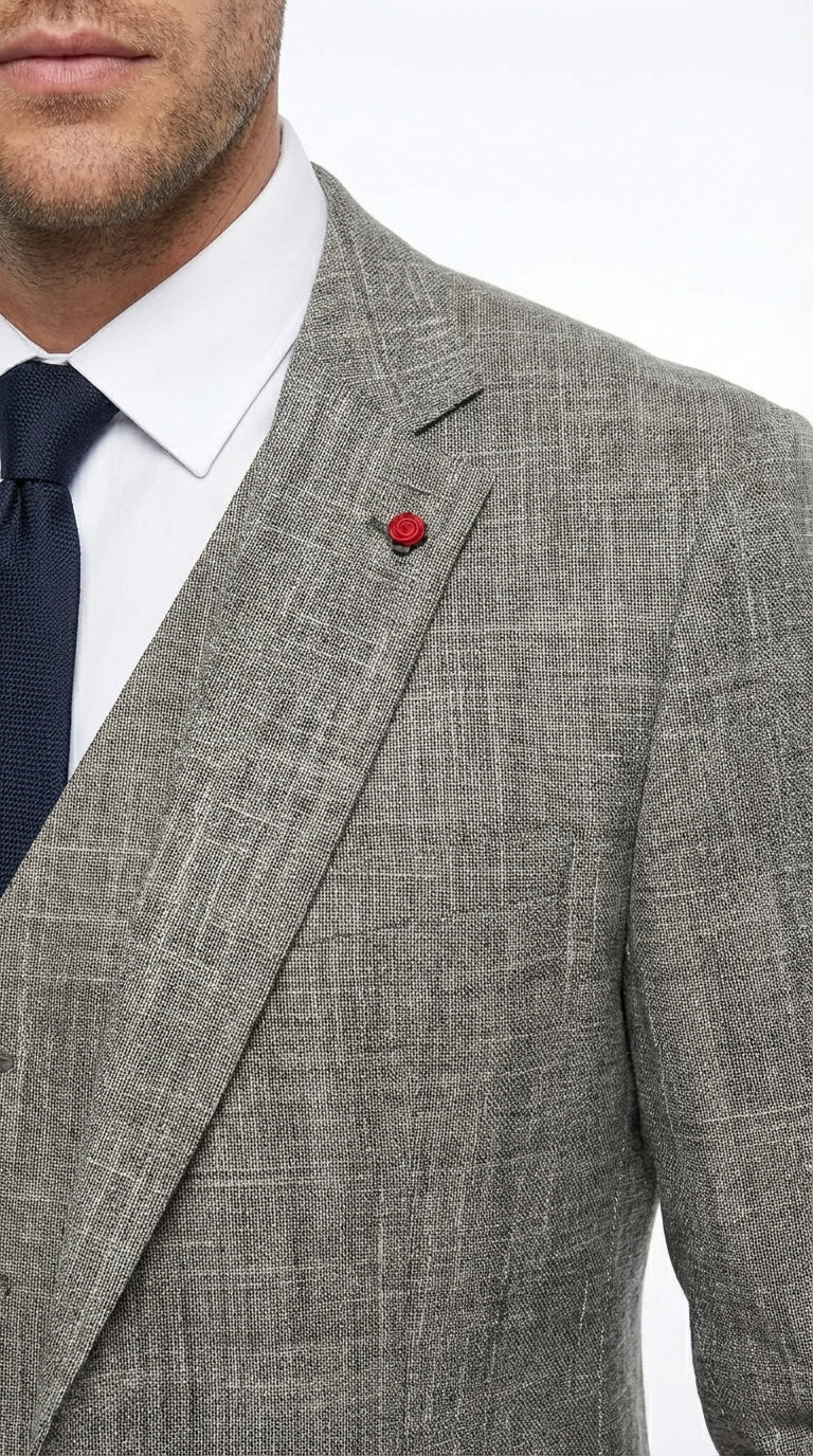 Vitali Brand Men’s Grey Textured Patterned 3 Piece Suit – Modern Fit Checkered Sharkskin with Blazer, Vest & Trousers, Business Wedding