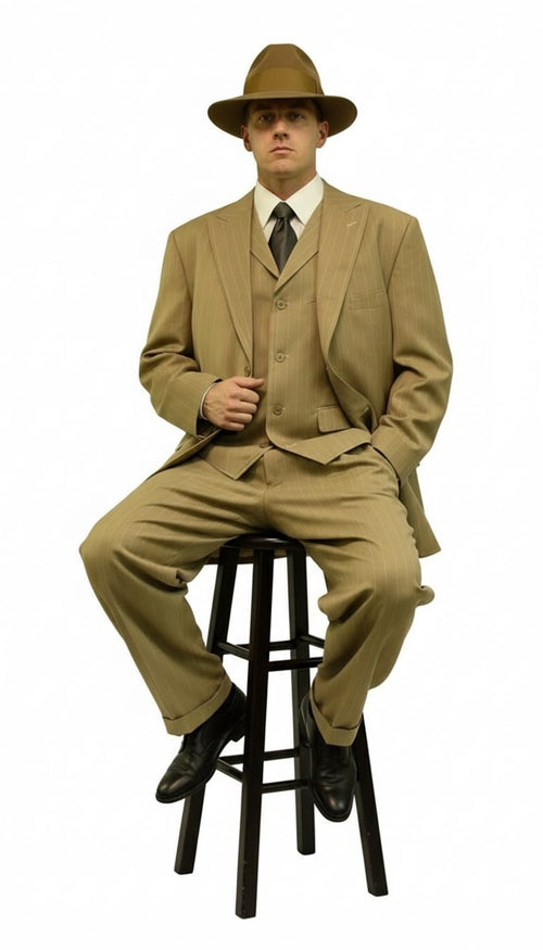 Men's tan pinstripe zoot suit: three-piece (jacket, vest, wide-leg pants). Lightweight fabric, vertical pinstripes. Jacket: notched lapels, three buttons. Pants: relaxed fit, high waist. Includes coordinating tie.

