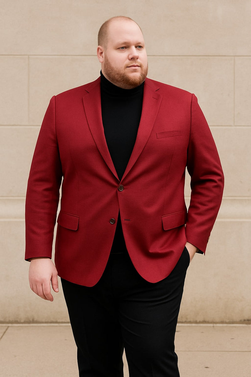 Men's burgundy sport coat. Fitted, two-button, notched lapel design with two front pockets. Structured yet flexible fabric, ideal for tailored wear.
