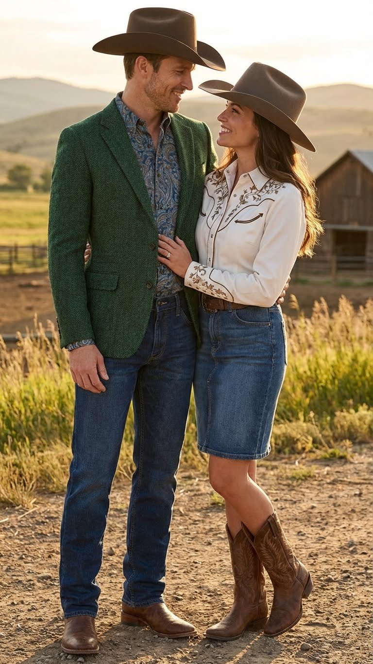 Mens Green Western Blazer Jacket – Classic Cowboy Style Sport Coat for Tweed Herringbone Country Look
