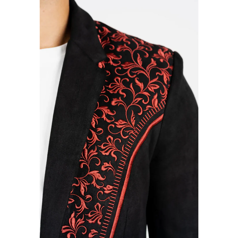 Mens Black ~ Burgundy Embroidered Suede Blazer